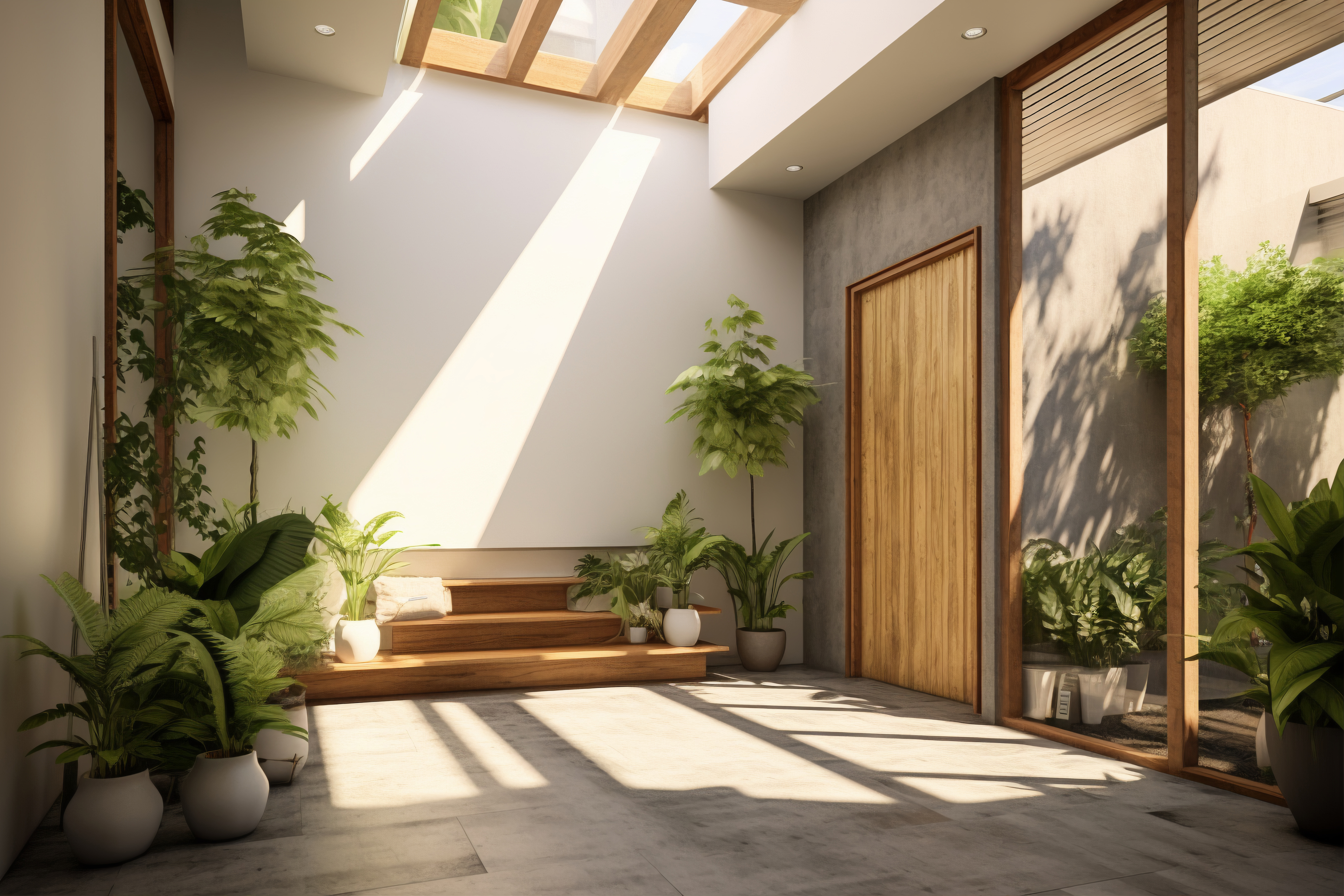 A courtyard brings greenery, water, and natural textures indoors, creating a calming and refreshing environment.